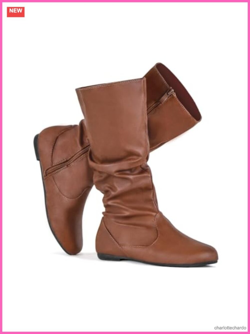 Women's Slouchy Mid Calf Boots Zip Up Faux Leather Flat